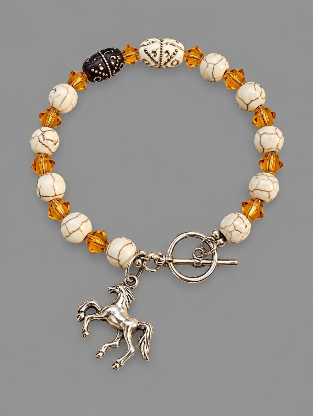 HANDMADE Swarovski Crystal Czech Glass Howlite Beaded Horse Charm Bracelet